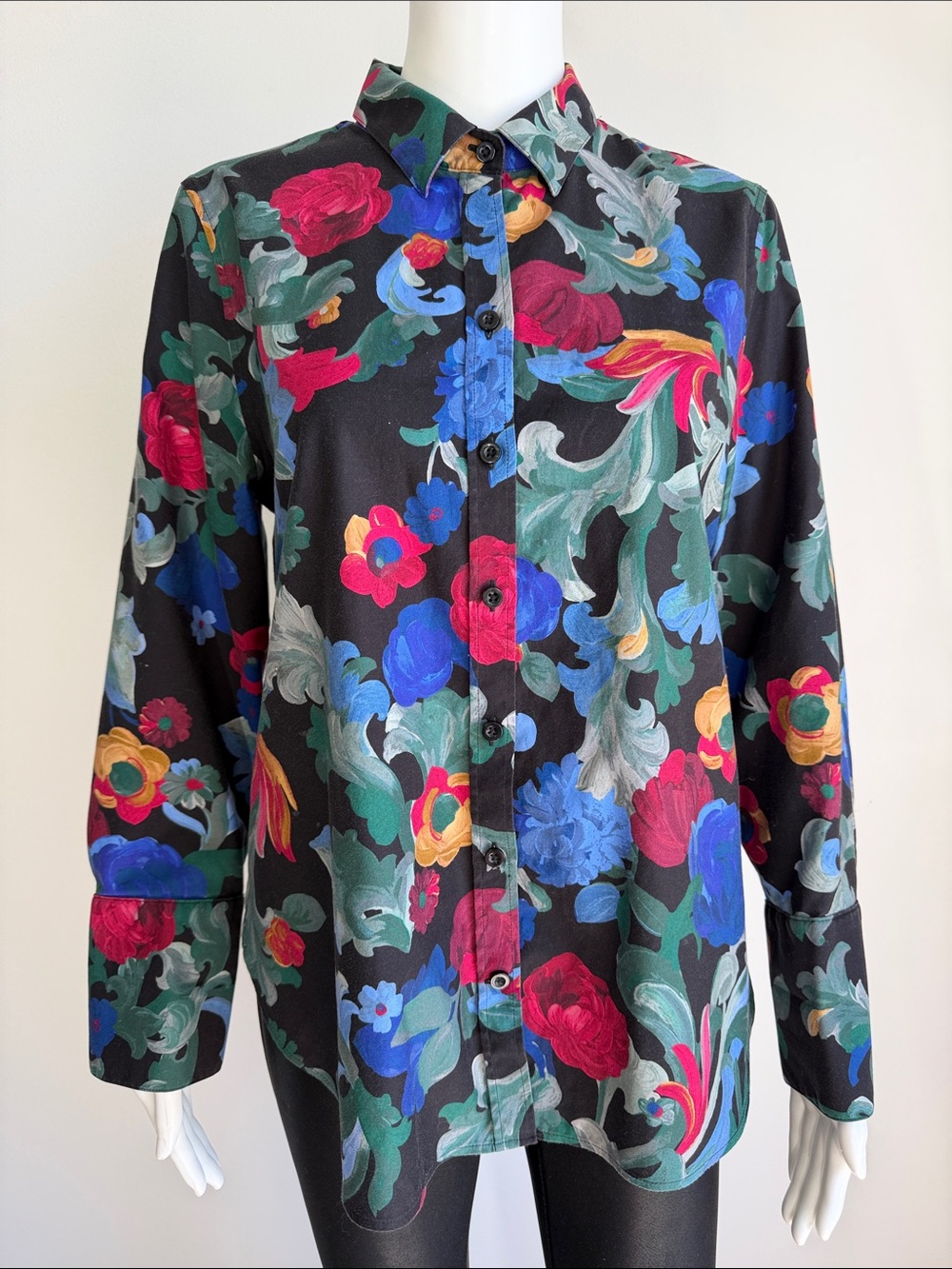 Chico's Floral Button Front Shirt Black Multicolor Cotton Blend Size 8